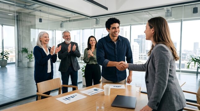 Diverse professionals shaking hands and clapping in a modern bright glass office during a successful meeting business lifestyle concept