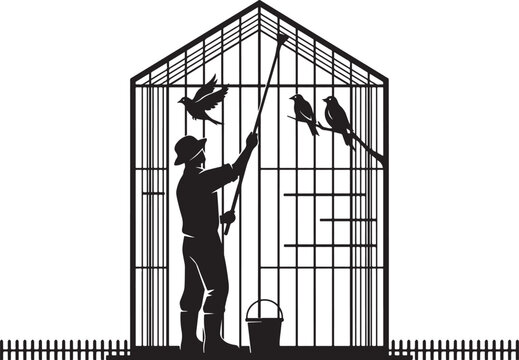 silhouette Man cleaning large birdcage with birds and bucket