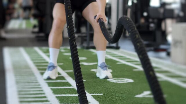 Athletic man training with battle ropes in modern gym. High intensity functional workout focused on endurance, strength, conditioning and overall athletic performance.