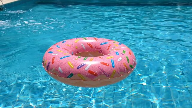 Bright pink inflatable donut float floating on clear blue swimming pool water during sunny summer day