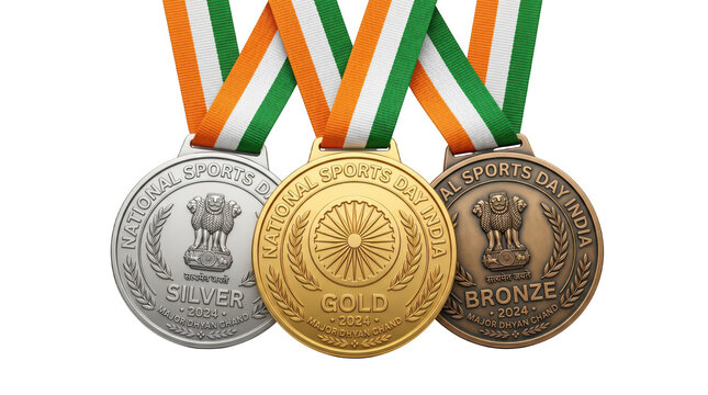 Gold, silver, and bronze medals for national sports day india 2024 with indian flag ribbons isolated on transparent background