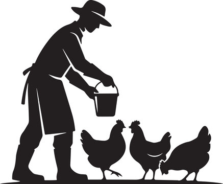 silhouette Man feeding chickens with bucket farmer