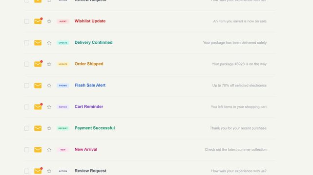 Email notification list scrolling upwards with status alerts and colorful transaction icons for app UI.