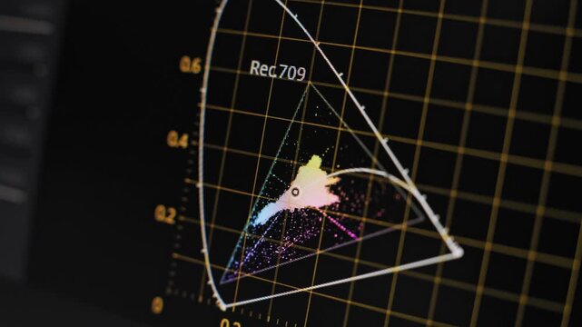 Macro view of a color scope display analyzing the Rec 709 gamut with precise pixel traces. The technical interface emphasizes the importance of signal legality in broadcasting.