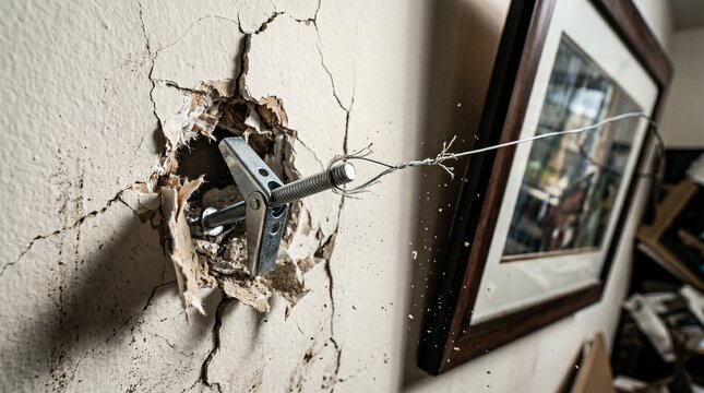  Dutch angle macro wall anchor stripped plaster spinning heavy framed picture straining wire while earthquake