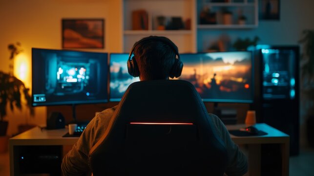 Gamer's Den: A solo gamer, engrossed in an intense virtual world, sits in a dimly lit room, surrounded by the glow of multiple computer monitors and gaming peripherals.