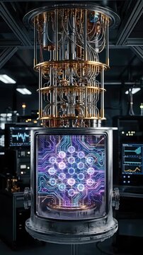 Quantum computer, advanced quantum computing technology within a sophisticated laboratory infrastructure, revealing innovative engineering design, complex data processing capability.