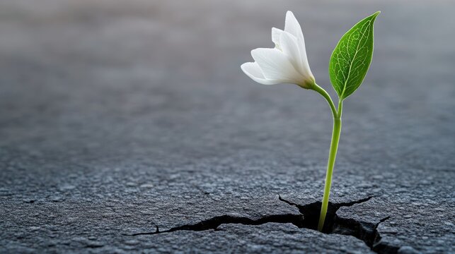 Resilience Personified: A delicate white flower pushes through a cracked asphalt surface, symbolizing hope, strength, and the power of life to overcome adversity.