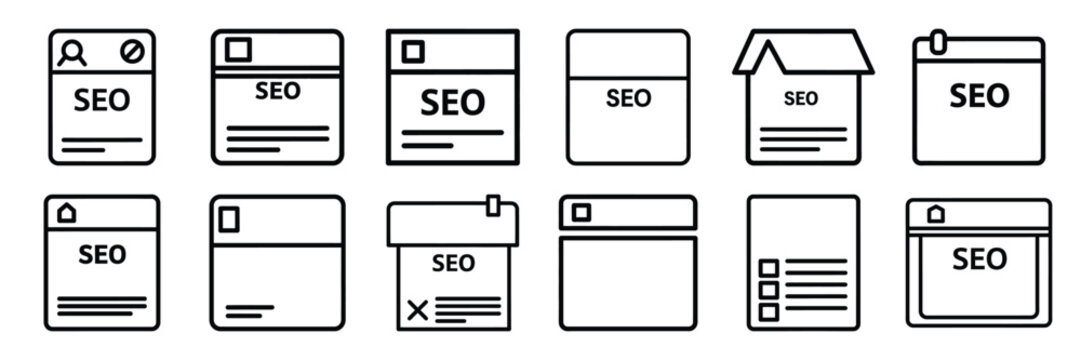 Real estate property seo optimization outline icon set with editable stroke in thin line style.