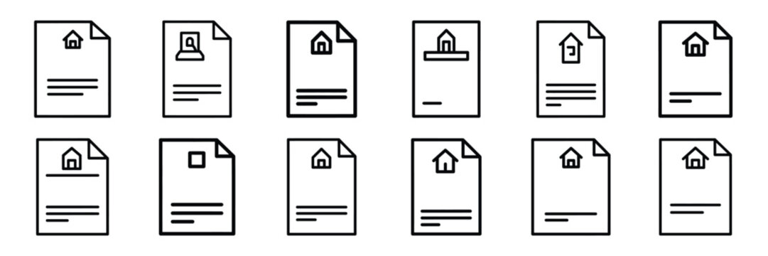 Real estate property title deed outline icon set with editable stroke in thin line style.