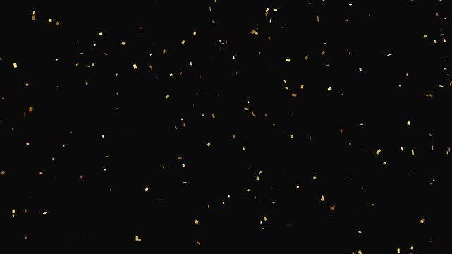 Gold foil confetti rectangular metallic shards falling and drifting vertically with shimmering glints on black background for celebration party.