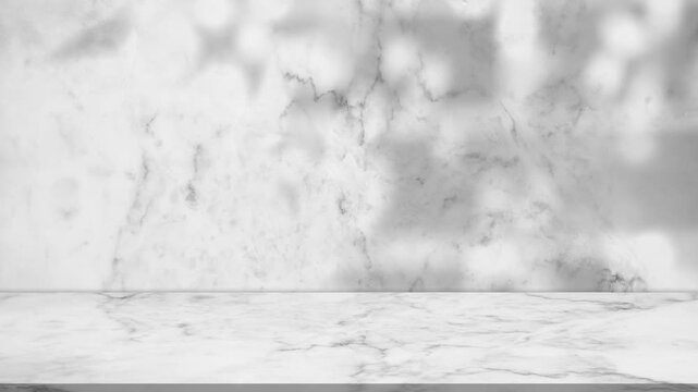 White marble studio background with soft moving leaf shadow overlay.Luxury natural stone texture surface for product display,Cosmetic branding,Advertising mockup, interior design,Premium presentation
