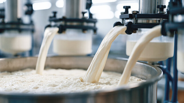 Creamy milk streams from industrial nozzles into a stainless steel vat inside a dairy processing facility.