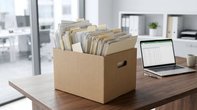 Cardboard box full of paper folders on a wooden desk with a laptop in a bright modern corporate workspace and professional business lifestyle concept