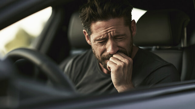 Distressed man sits inside car with eyes closed and fist near mouth, showing anxiety or deep worry.