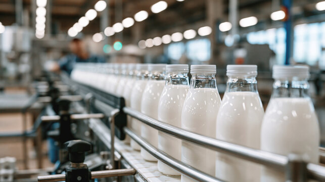 Milk bottles move along automated conveyor line inside modern dairy processing factory with blurred industrial background. Selective focus.