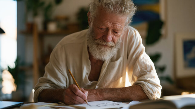An elderly man practices a mnemonic technique to prevent senile dementia while sitting at his desk at home.