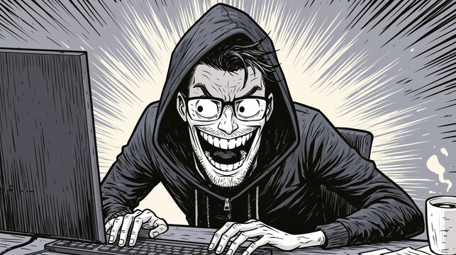 Maniacal hooded hacker grins at a computer in dramatic black and white comic illustration style.