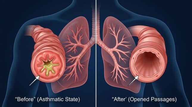 Asthma comparison showing constricted airways before and open airways after treatment