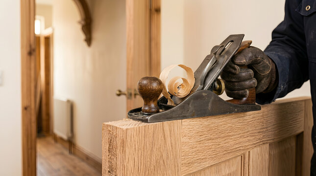 Professional carpenter using hand plane on oak door | Traditional woodworking tools for door installation | Close up of craftsman planing wood with hand tool