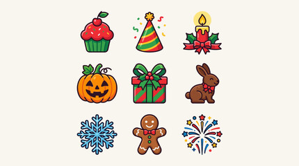 Fototapeta premium Set of colorful hand drawn holiday and celebration sticker icons.