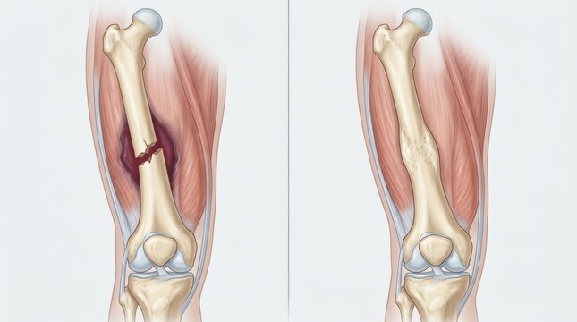 Comparison of a fractured femur bone and a healed femur bone with callus formation