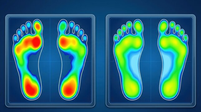 Foot pressure mapping comparison showing healthy vs. problematic weight distribution