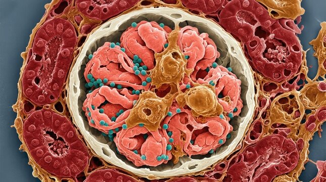 Renal corpuscle, demonstrating hantavirus pathogen particles infecting kidney glomerulus, showing microscopic cellular damage associated with hemorrhagic fever with renal syndrome.