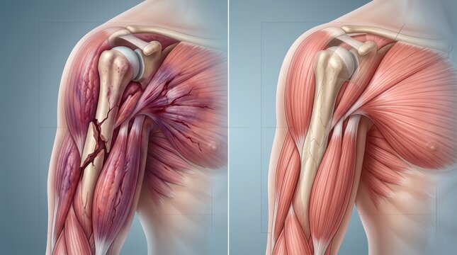 Anatomical illustration comparing a fractured humerus bone to a healthy one