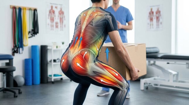 Anatomical illustration shows correct lifting technique for preventing back injuries