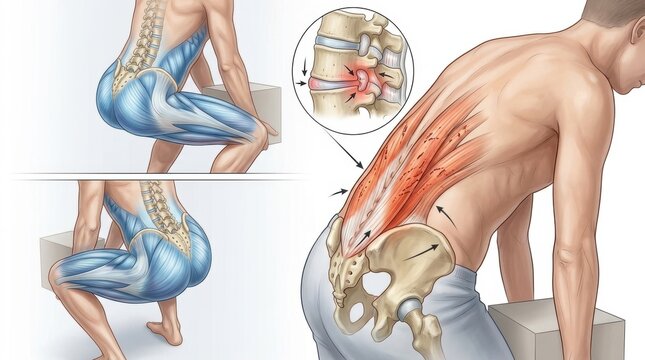 Anatomical illustration showing correct and incorrect lifting techniques and spinal injury