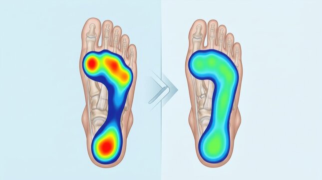 Foot pressure mapping comparison showing arch support improvement with orthotics