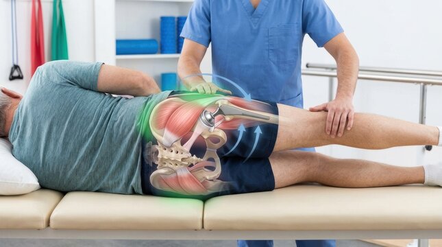 Physical therapist assisting patient with hip replacement recovery and rehabilitation exercises