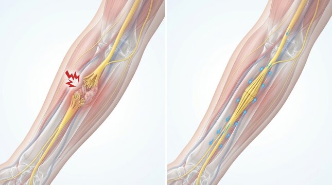 Medical illustration showing nerve compression and treatment with decompression