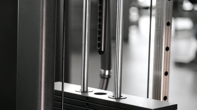 Close up of weight stack plates moving on resistance machine during workout in modern fitness club. Concept of strength training, exercise equipment and gym activity.