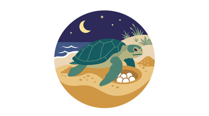 Sea turtle nesting on beach under night moon. © satrio94
