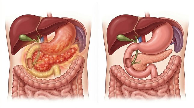 Comparison of healthy and inflamed pancreas anatomy in the human abdomen