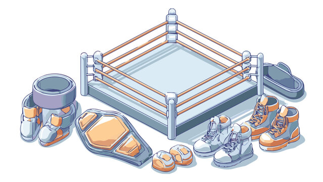 Empty Boxing Ring with Sports Equipment and Shoes.