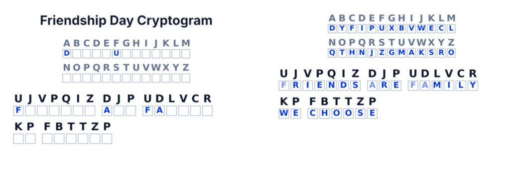 Friendship Day cryptogram secret code puzzle for kids, decode the message, printable with solution