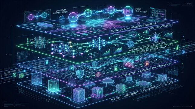 Digital information architecture: Multilayer network grid representing data flow, quantum computational systems, virtual infrastructure design. Information technology, cybersecurity, AI data science 