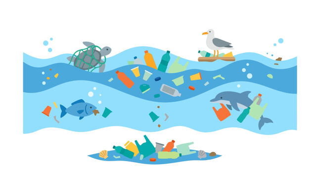 Marine animals swimming among plastic trash in ocean waves.