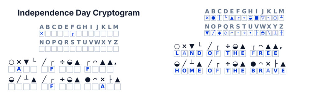 Cryptogram secret code puzzle for kids, decode the message, printable Independence Day theme