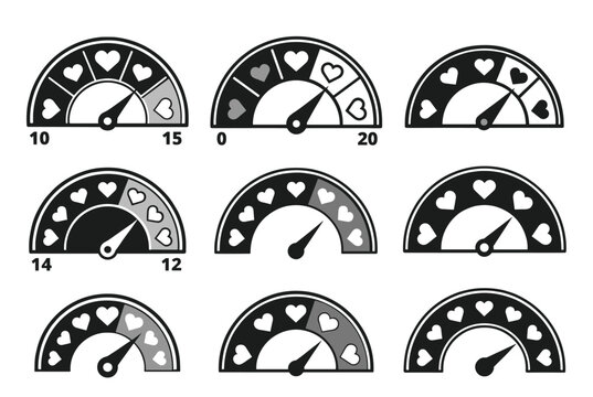 Set of black and white love meter gauges with heart icons, showing different levels of affection and romance.