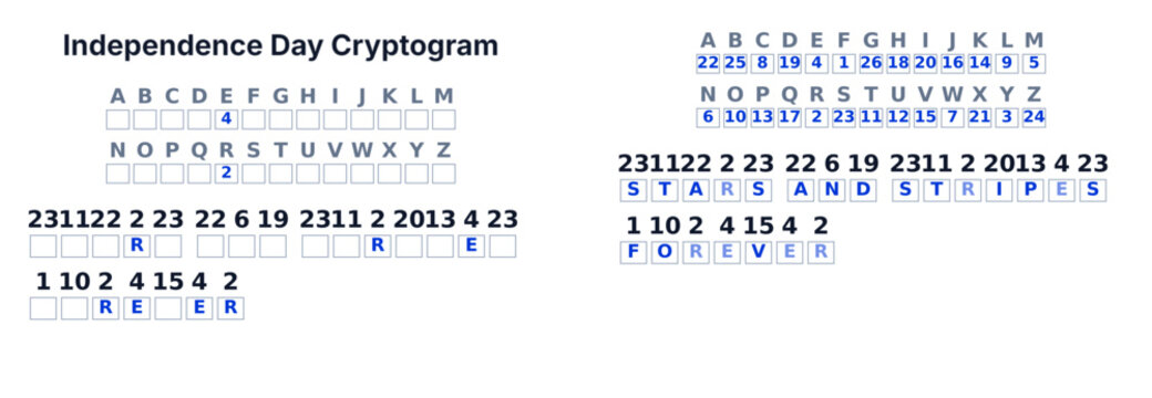 Cryptogram secret code puzzle for adults, decode the message, Independence Day theme, printable worksheet