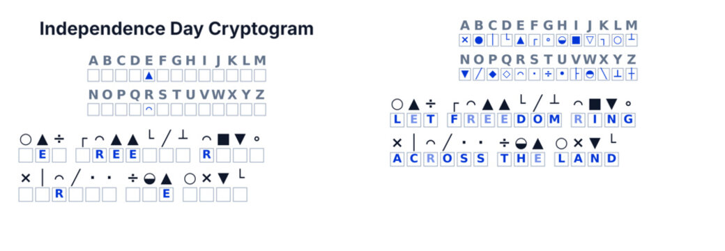Independence Day cryptogram secret code puzzle for kids and adults, decode the message, printable with solution