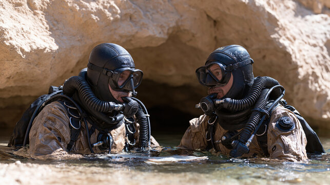Two tactical divers in breathing gear surface near a rocky cave entrance during an underwater mission.
