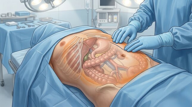 Surgeon's hands palpating internal abdominal organs during a medical procedure