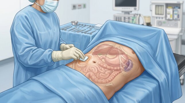 Surgeon prepares patient's abdomen for surgery with sterile preparation