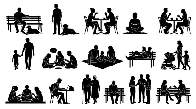 People & Family Silhouette Entourage Set &ndash; Architectural Figures Sitting, Dining & Relaxing for Render