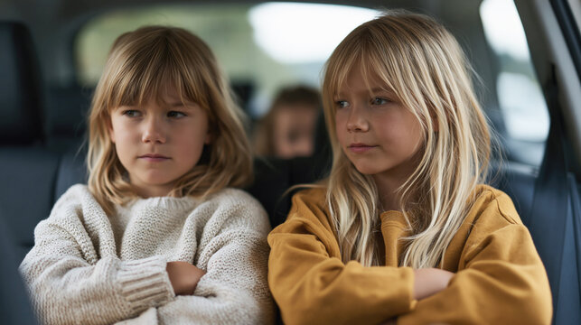 Two sisters argue in the backseat of a car, arms crossed and facing opposite windows, showing sibling conflict during a tense family trip.